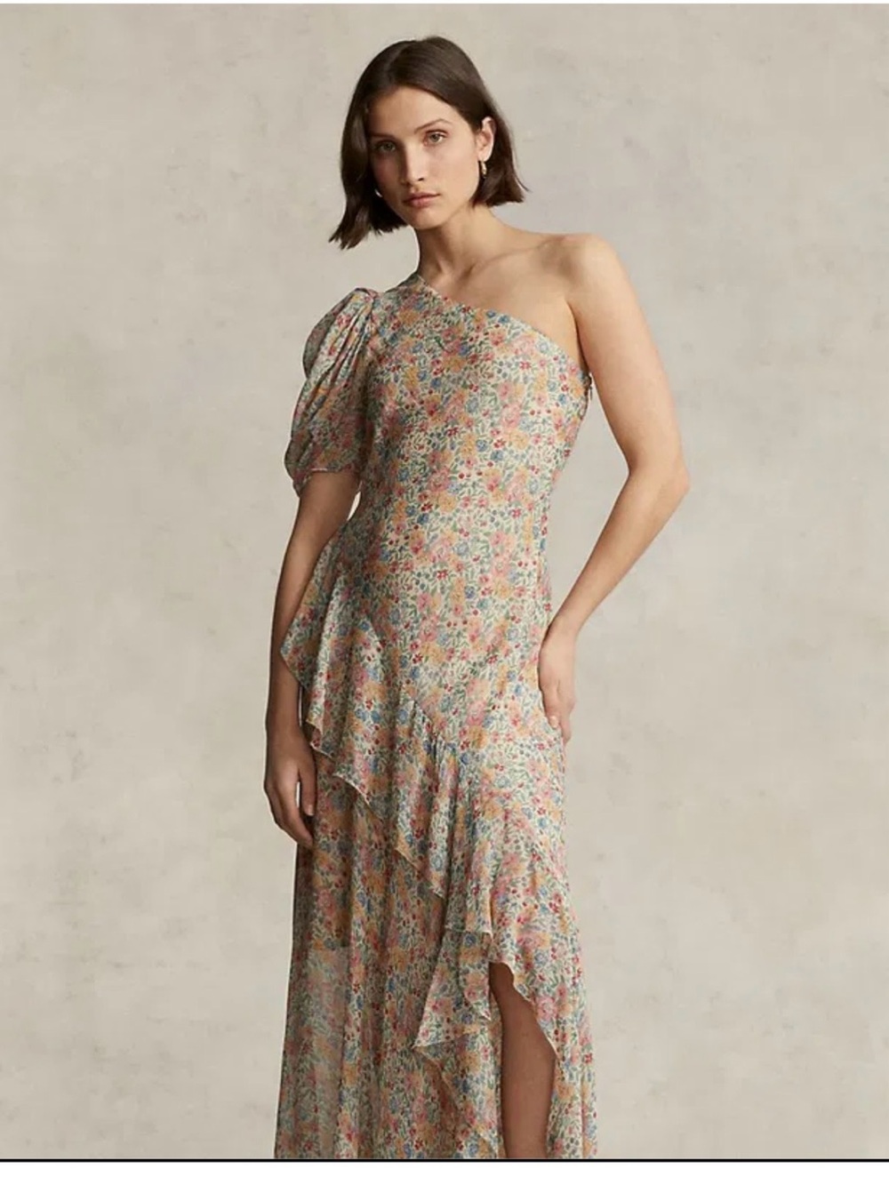 Polo by Ralph Lauren One-Shoulder Floral Ruffle Maxi Dress - Pink/Blue/Cream